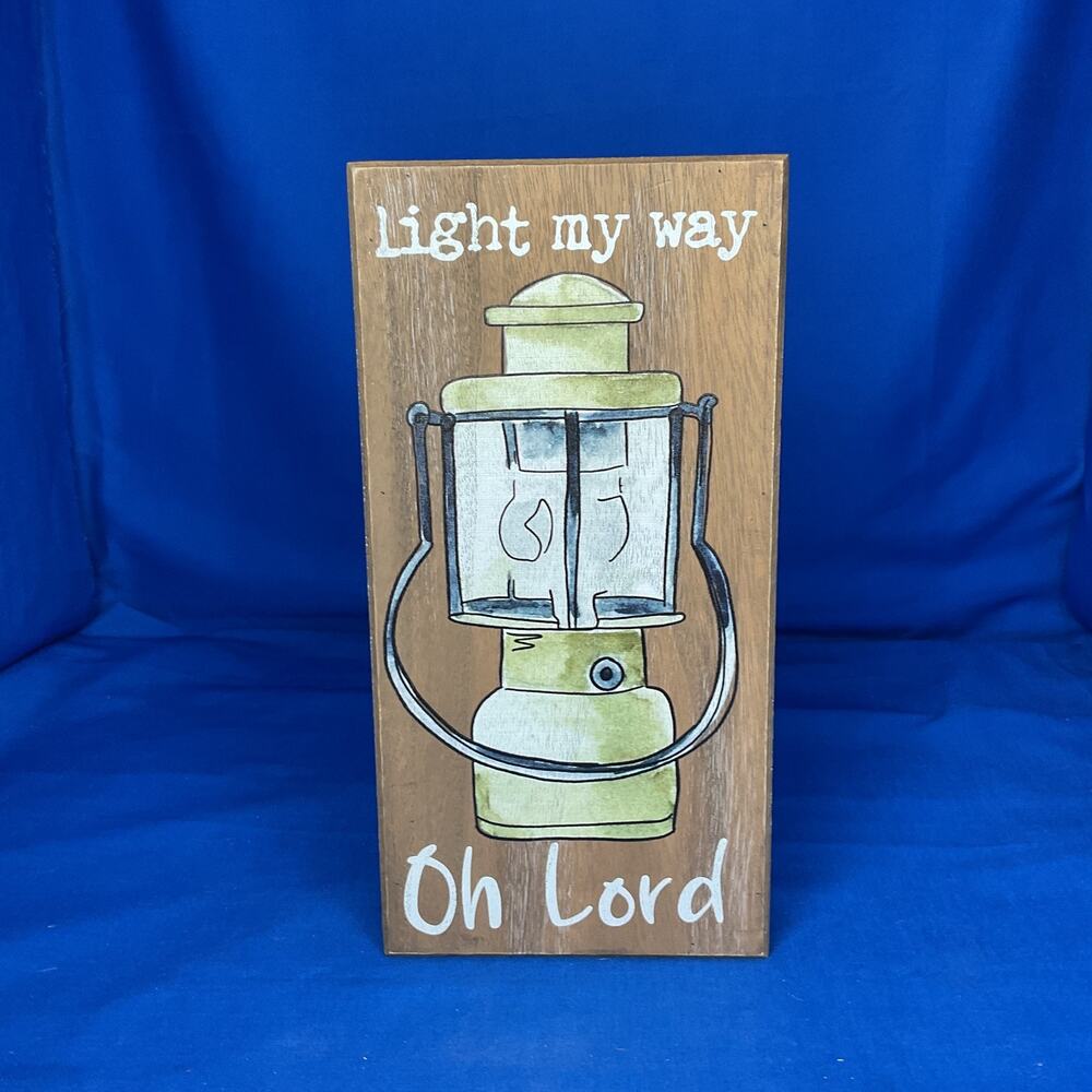 Light My Way Oh Lord Wooden Block Sign Vintage Lantern Rustic Cabin Camping